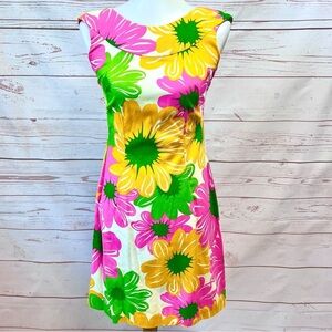 Vintage Hawaiian MCM Mid Century Mod Neon Flower Power Shift Cape Dress